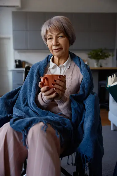 退休的残疾老太太坐在轮椅上在家休息 老年妇女在家里或疗养院度过闲暇时间 防止老年人痴呆症的休闲活动 — 图库照片