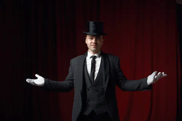 Young Friendly Smiling Fashionable Showman Illusionist Tailcoat White Gloves Top Stock Image