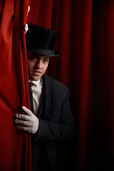 Handsome Man Magician Peeking Out Stage Drapery Curtain Young Male — Stock Photo, Image