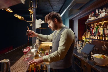 Gülümseyen barmen yeni hazırlanmış kokteylleri ahşap tezgahın üzerinde birkaç bardağa dolduruyor. Gece kulübündeki bir grup arkadaşa profesyonel hizmet