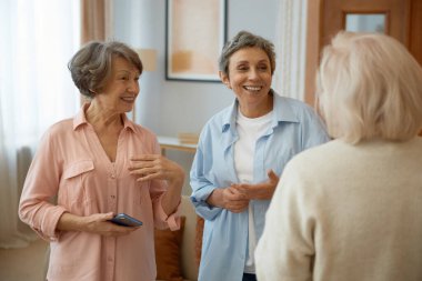 Oturma odasında gülen yaşlı kadın arkadaşlar. Son sınıftaki kadınlar şakalarını paylaşıyor, gülümsüyor ve yüksek sesle heyecanlı ve neşeli duygularla konuşuyorlar.