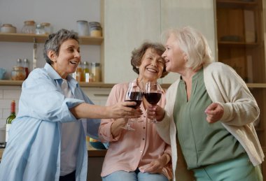 Gülümseyen yaşlı bayan arkadaşlar, ev mutfağında dostluk gününü kutluyorlar. Sağlıklı ve çekici kadınlar hafta sonlarını şarapla geçiriyorlar. Eğlenceli emeklilik