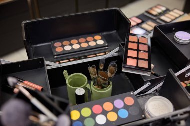 Yüz pudrası, fırça ve göz farı paletleri içeren makyaj ürünleri. Profesyonel kozmetik koleksiyonu