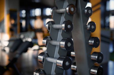 Spor salonunda farklı ağırlıktaki dambıllarla dizilin. Sporcu eğitimi için spor malzemeleri hazır.