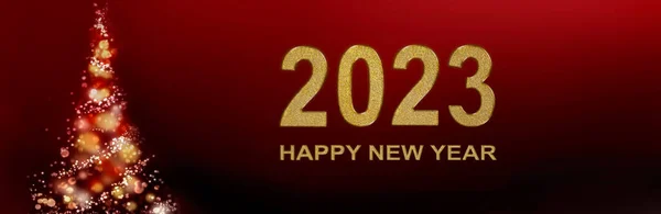 2023幸せな新年に書かれた黄金の数字が赤く輝くと抽象的なクリスマスツリーと背景 — ストック写真