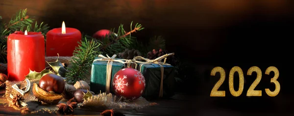 2023 Traditionele Kerst Decoratie Achtergrond Wenskaart — Stockfoto