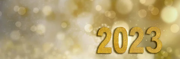 Golden 2023 New Year Abstract Blur Lights Panoramic View — Stock Photo, Image