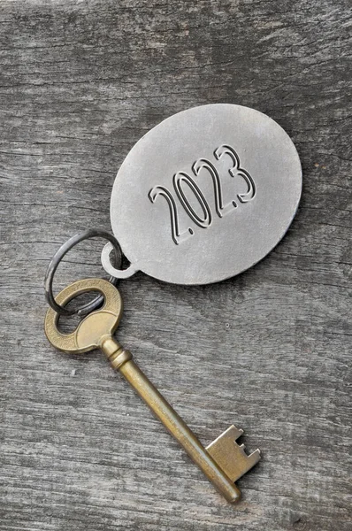 2023 Engraved Ring Old Golden Key Rustic Wooden — Stock Photo, Image