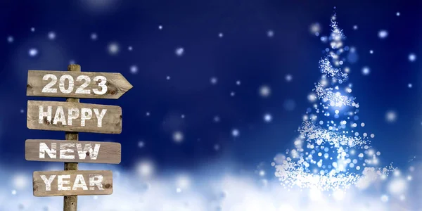 2023 Gelukkig Nieuwjaar Geschreven Houten Wegwijzer Abstracte Kerstboom Sneeuw — Stockfoto