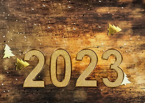 2023 Golden Numbers Rustic Wooden Background Illuminated Golden Confetti — Stock Photo, Image