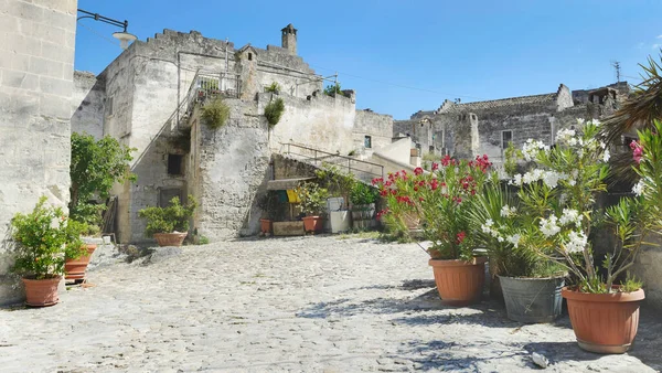 Petite Place Dans Vieille Ville Sassi Matera Avec Plante Pot — Photo