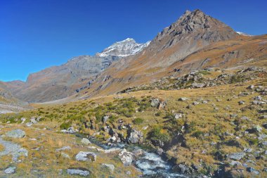 peak mountain in a valley crossing by a little streaming in european Alps