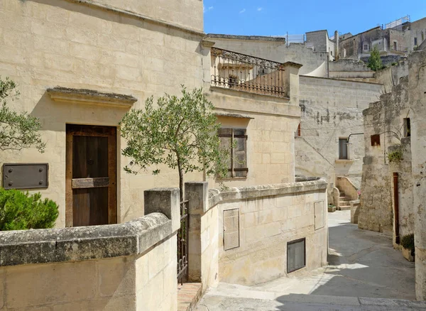 Rue Piétonne Dans Vieux Village Sassi Matera Avec Façade Maisons — Photo
