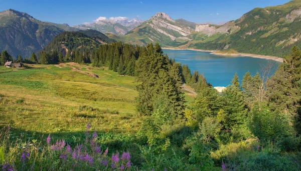 Prachtig Landschap Met Blauw Water Van Roselend Dam Piek Montain — Stockfoto