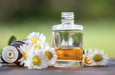 Ağaç bir masa üzerinde taze nane yaprağı ile gerekli yağ ve papatya şişeleri 