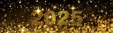 2025 altın ve parlak sayı soyut gecede bulanık ışıklarla aydınlanan panoramik boyut - tatil arka planı
