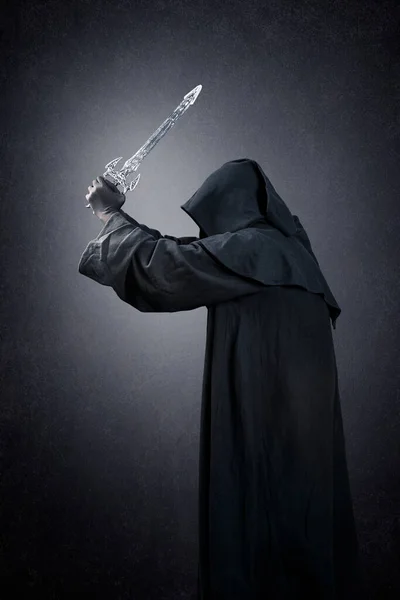 Dark Knight Hooded Cape Medieval Sword Dark Misty Background — Stock Photo, Image