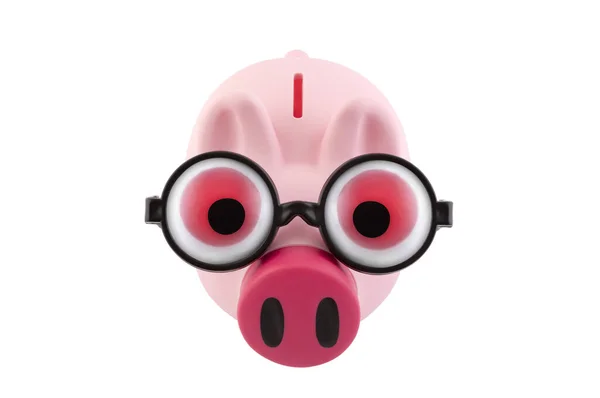 Banco Piggy Com Óculos Pretos Grandes Olhos Vermelhos Isolados Branco — Fotografia de Stock