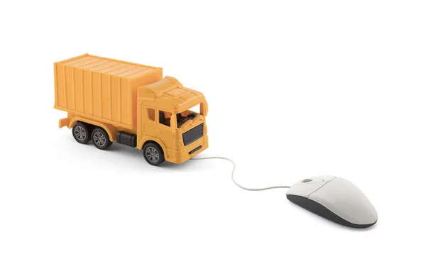 Жовта Вантажівка Доставки Вантажів Мініатюра Підключена Комп Ютерної Миші Білому — стокове фото