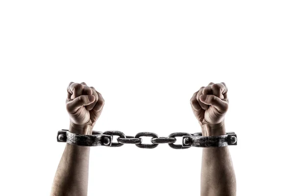 Shackled hands isolated on white background with clipping path
