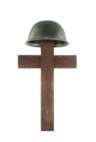 Croix Casque Isolés Sur Fond Blanc Tombe Soldat Tombé Combat — Photo