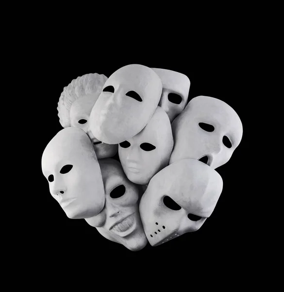 Skupina Bílých Strašidelné Masky Izolované Černém Pozadí Výstřižkem Cesta — Stock fotografie