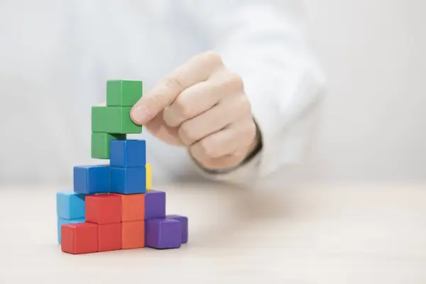 Man Hand Stacking Colorful Wooden Blocks Business Development Concept — Stock Photo, Image