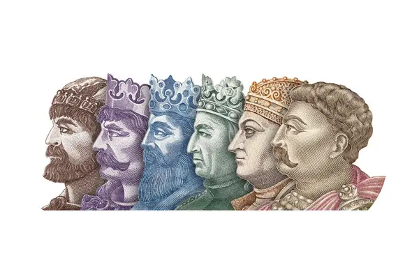 Шість Портретів Польських Королів Банкнот Ізольовані Білому Тлі Стокова Картинка