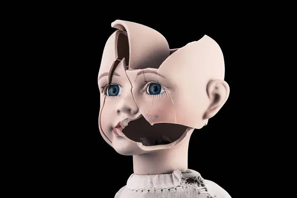 Broken Vintage Doll Head Isolated Black Background Clipping Path — Stock Photo, Image