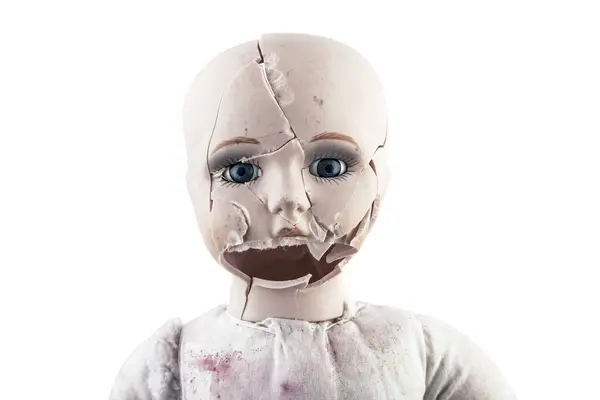 Зламана Старовинна Голова Ляльки Ізольована Білому Тлі Відсічним Контуром Ліцензійні Стокові Зображення
