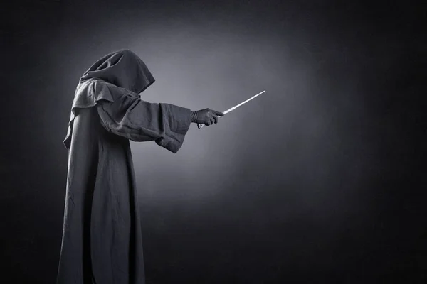 Wizard Hooded Cape Magic Wand Dark Misty Background — Stock Photo, Image