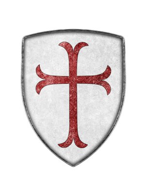 Beyaz zemin üzerinde kırmızı haç izole eski metal haçlılar kalkan