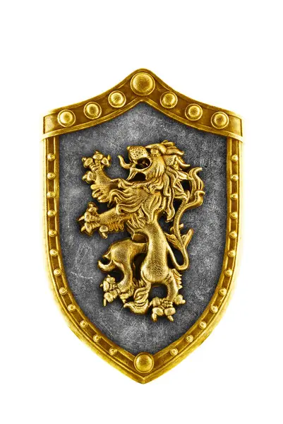 Золотой Средневековый Щит Львом Белом Фоне Стоковое Фото