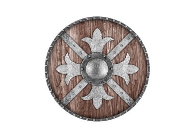 Beyaz arka planda izole edilmiş eski süslü ahşap bir kalkan.