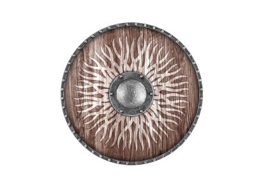 Beyaz arka planda izole edilmiş eski süslü ahşap bir kalkan.