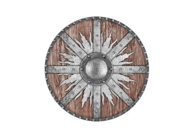 Beyaz arka planda izole edilmiş eski süslü ahşap bir kalkan.