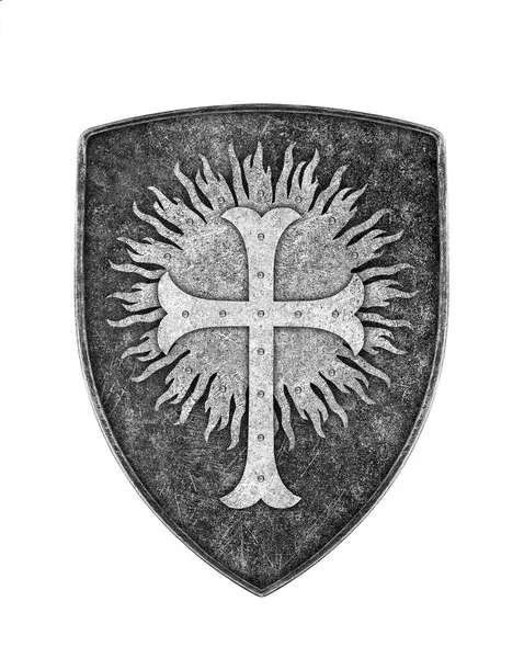 Старі Металеві Хрестоносці Щит Хрестом Ізольовані Білому Тлі Ліцензійні Стокові Фото