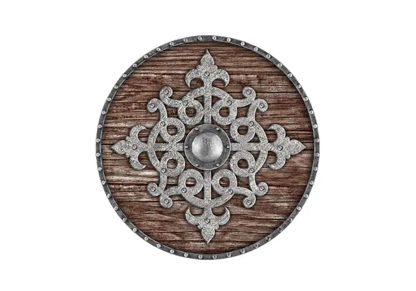 Old Decorated Wooden Shield Isolated White Background Stock Picture
