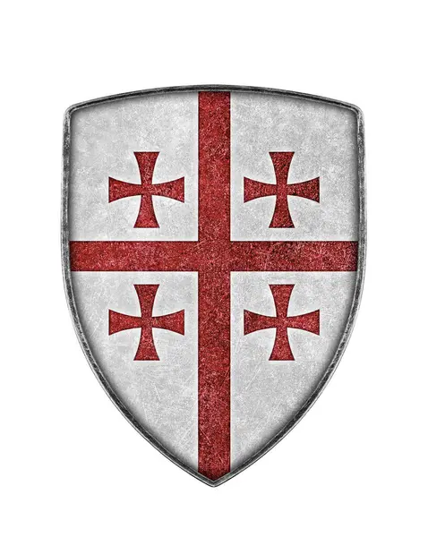 Old Metal Crusaders Shield Red Cross Isolated White Background Stock Picture