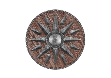 Beyaz arka planda izole edilmiş eski süslü ahşap bir kalkan.