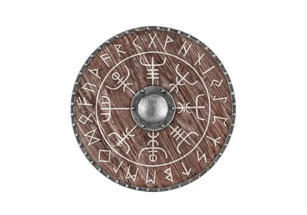 Vecchio Scudo Rotondo Legno Decorato Con Rune Isolate Sfondo Bianco Immagine Stock