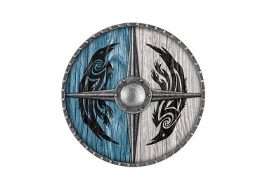 Beyaz arka planda izole edilmiş boyalı kuşlarla süslü eski ahşap bir kalkan.