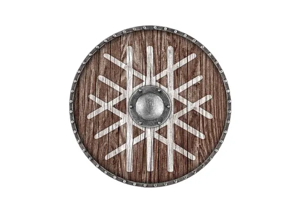 古老的木制圆盾装饰着挪威的威德网符号 也被称为白色背景下的命运的核心矩阵 图库图片