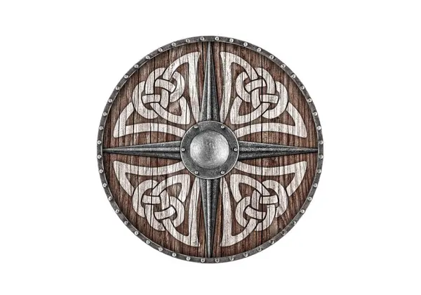 Antiguo Escudo Redondo Madera Vikingo Decorado Aislado Sobre Fondo Blanco Fotos de stock libres de derechos