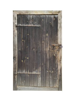 Beyaz arka planda izole edilmiş eski ahşap kapı