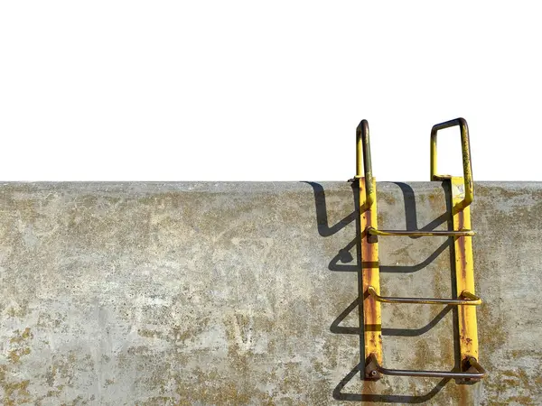 Antiguo Muro Hormigón Con Escalera Metálica Amarilla Oxidada Aislada Sobre Imagen De Stock