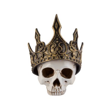 Beyaz arka planda, kırpma yolu ile izole edilmiş antik altın taca sahip insan kafatası