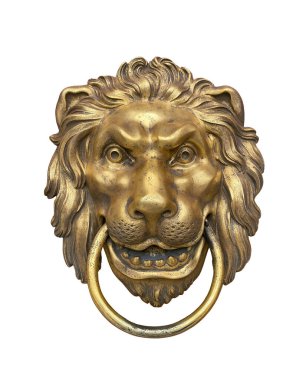 Altın aslan başlı kapı tokmağı beyaz arka planda kırpma yolu ile izole