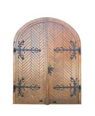 Beyaz arka planda izole edilmiş eski ahşap kapılar.