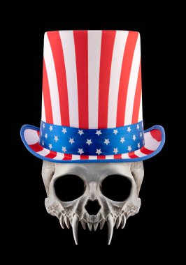 Siyah arka planda izole edilmiş ekstra uzun Amerikan şapkalı vampir kafatası.